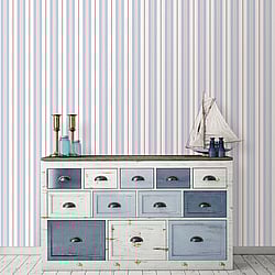 Galerie Wallcoverings Product Code G23065 - Deauville Wallpaper Collection - Sky Blue Red White Colours - Two Colour Stripe Design